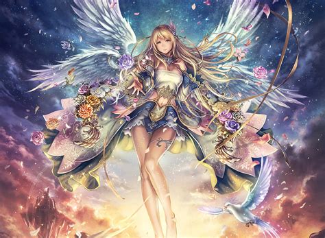 download long hair blonde wings flower fantasy angel hd wallpaper