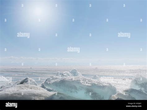 Transparent Blue Ice Hummocks On Lake Baikal Shore Siberia Winter