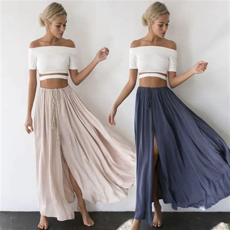 Sexy Fashion Women S Summer Boho Casual Long Maxi Party Beach Skirt Lace Up Pleated High Waist 2