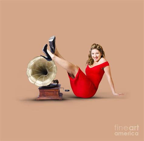 Pinup Girl In Red Dress Playing Classical Music Poster Canvas Print