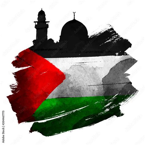 Palestine Flag And Al Quds Mosque Silhouette On Ink Brush Shape Stock Hot Sex Picture