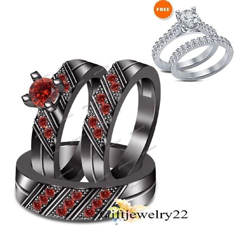 His And Hers 148 Ct Garnet Wedding Band Engagement Bridal Rings 3pcs