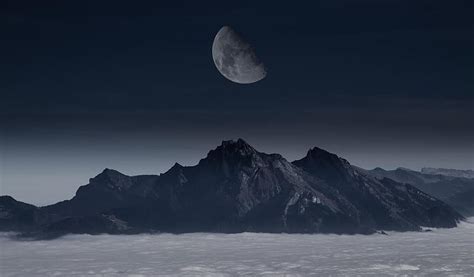 Moon Mountain Sky Mountains Night Landscape Nature Space