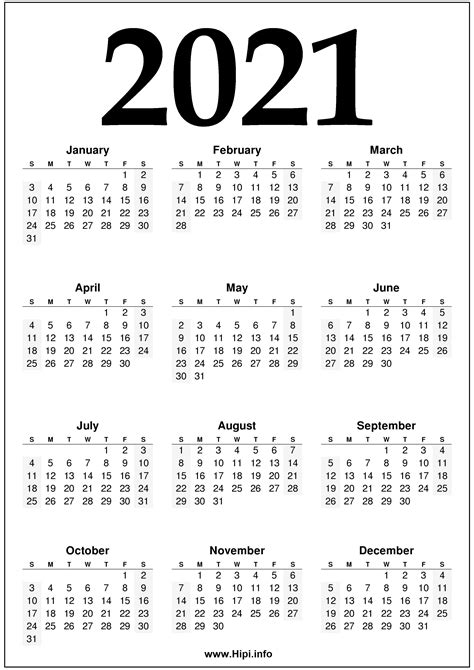 2021 Calendar Black And White 2021 Calendar