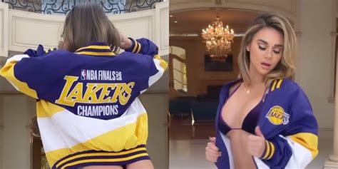Playboy Model Tahlia Paris Rocks Purple Bra Thong With Lakers Jacket To Show Off Her Stunning