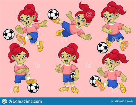 Cartoon Set Of Cute Girl Of Soccer Player Stock Vector Illustration