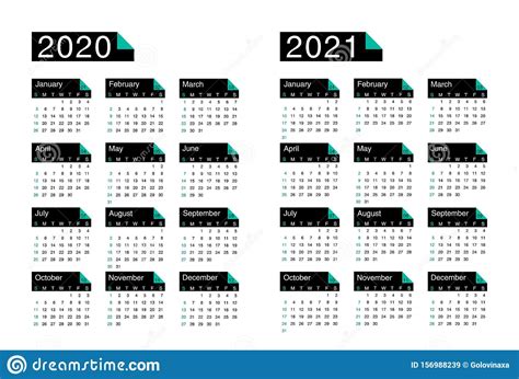 Calendar 2020 2021 Week Starts On Sunday Stock Vector Illustration