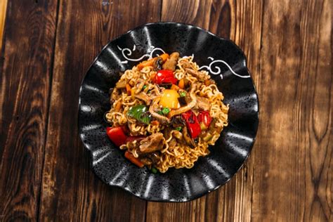 Curly Noodles Wok Chicken Mushrooms Vegetables Stock Image Image Of