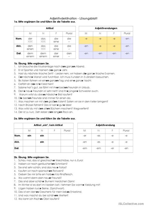 Adjektivdeklination Deutsch DAF Arbeitsblätter pdf doc