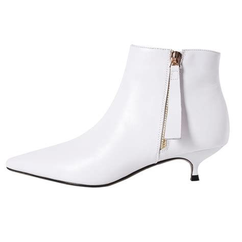 Buy Coleter Womens White Leather Kitten Heels Ankle Boots Pointed Toe