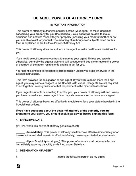 Free Power Of Attorney Poa Form Pdf Word Eforms