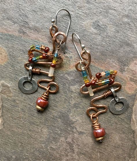 Copper Earrings Funky Earrings Mixed Metal Earrings Artisan Etsy