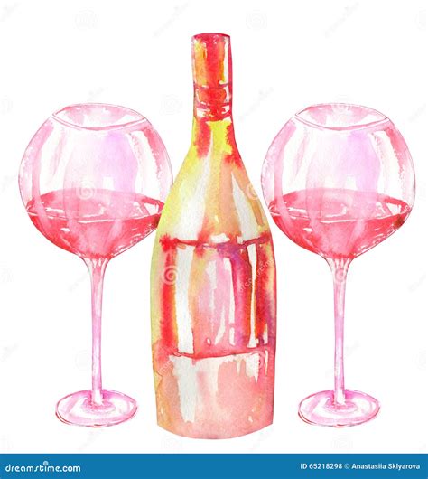 Image Of The Two Watercolor Glasses Of Red Wine And Wine Champagne