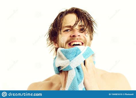 Man With Naked Torso And Happy Face Wipes Beard Stock Photo Image Of Athlete Caucasian