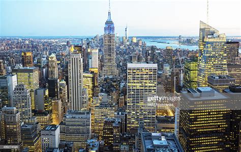 New York City Skyline Aerial View At Twilight High Res