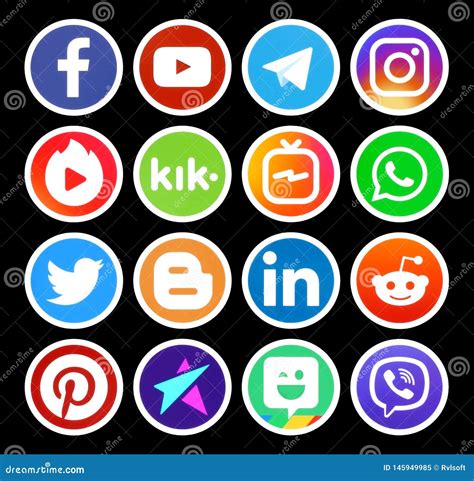 Popular Circle Social Media Icons With White Rim On Black Background