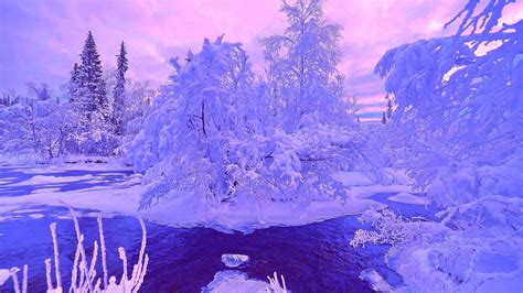 River Between Frozen Snow Covered Trees During Winter With