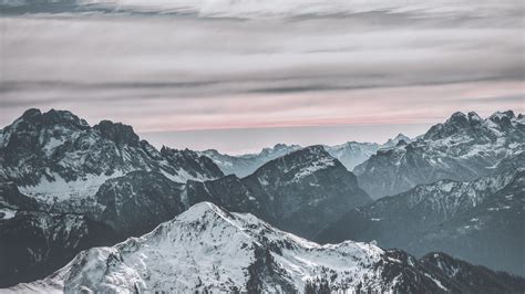 Download 1366x768 Wallpaper Mountains Peak Snow Winter Sunset