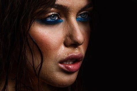 Women Water Drops Face Closeup Black Background Makeup Looking
