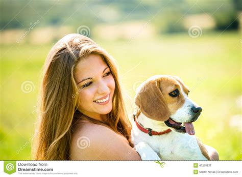 Young Woman With Her Dog Stock Image Image Of Outdoor 41210637