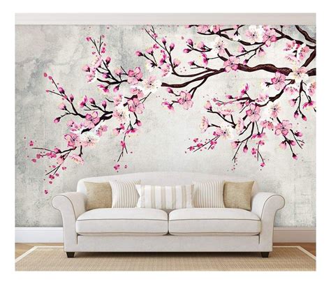 Wall26 Large Wall Mural Watercolor Style Ink Painting Pink Cherry Blossom On Vintage Wall