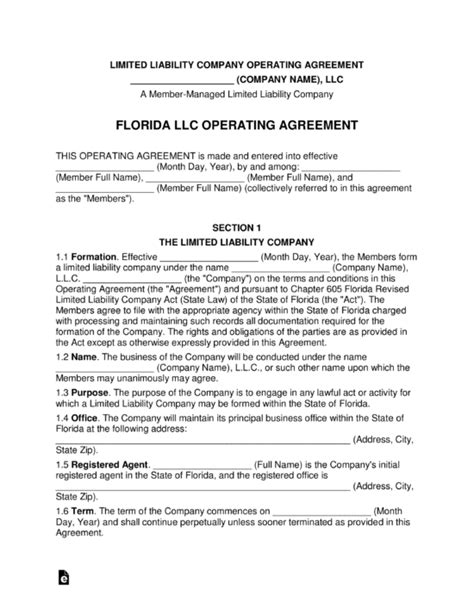 Agreement and plan of merger: Florida Multi-Member LLC Operating Agreement Form - eForms