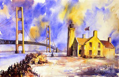 Watercolor Painting Of Ligthouse On Mackinaw Island Michigan Painting
