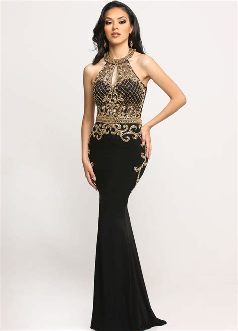 Sparkle Prom Dresses Style 71743 Black Gold Beaded Halter