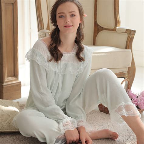 Vintage Pajama Sets New Long Sleeve Sleepwear Sexy Lace Cotton