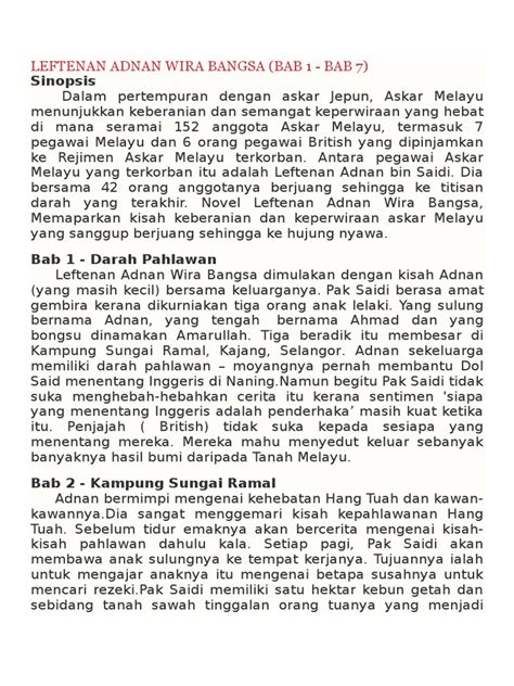 Komponen sastera dan novel bm / bahasa melayu. Leftenan Adnan Wira Bangsa Bab 1- 7