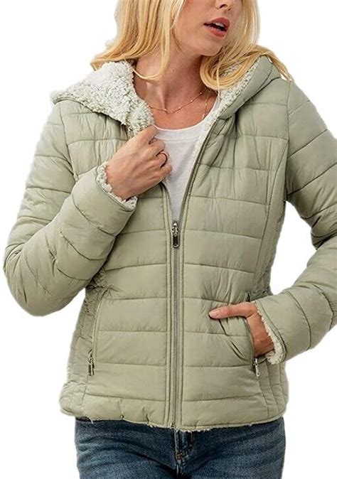 Fisoew Womens Sherpa Puffer Jacket Fleece Lined Long Sleeve Hooded