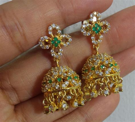 Cz Jhumka Etsy Green Earrings Jhumka Gold Material