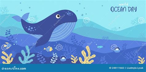 Cute Blue Whale Fish And Corals Horizontal Tropical Poster With