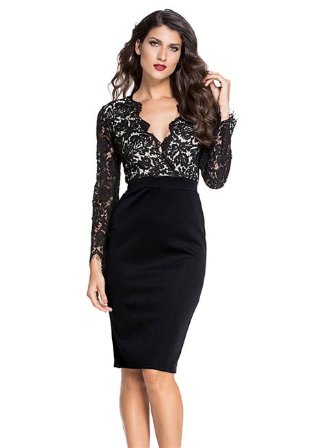 Black L Black Lace Nude Illusion Long Sleeves Dress Chicuu