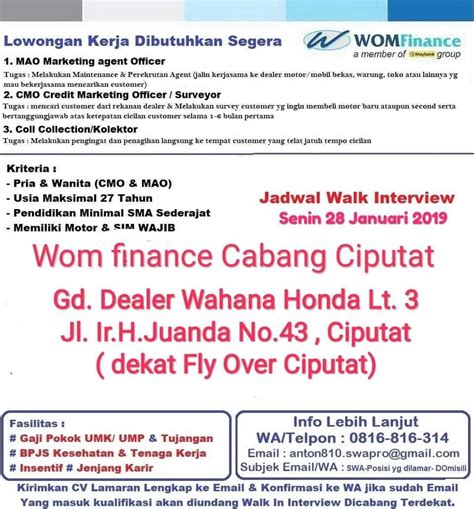 Yaellina mencantumkan 1 pekerjaan di profilnya. LOWONGAN KERJA WOM FINANCE WALK IN INTERVIEW JANUARI 2019 ...