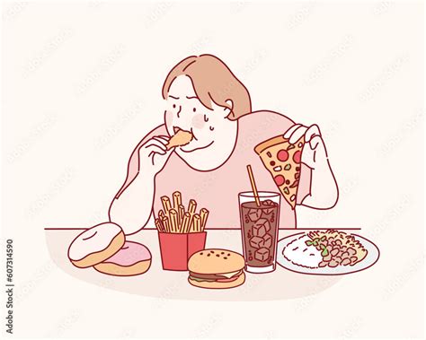 Vetor De Fat Girl Hungry And Eat A Junk Food On The Table This Image
