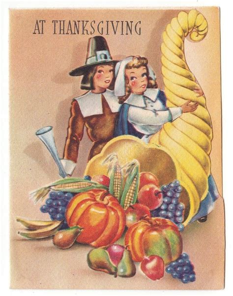 Vintage Greeting Card Thanksgiving Cornucopia Pilgrims Horn Of Plenty 1940s Vintage Greeting