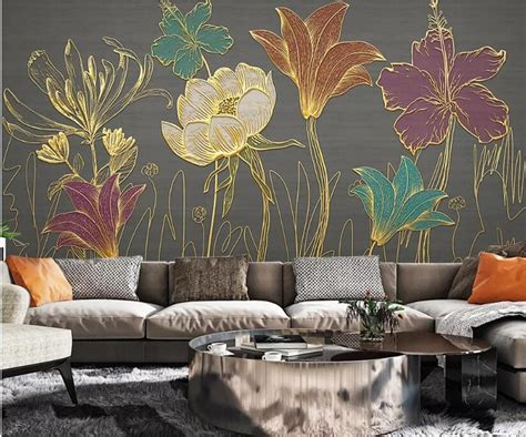 Luxury Enchased Gold Flowers Floral Wallpaper Wall Mural Etsy Living