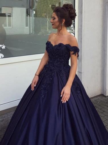Blue quinceanera dresses off the shoulder. Ball Gown Off-the-Shoulder Dark Blue Satin Appliques ...