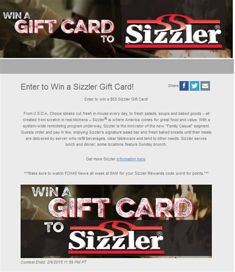 One would be how to check your sizzler gift. ᐅ EXPIRED - Sizzler Gift Card Giveaway - Win $50 Gift Card! - Sizzler Reviews