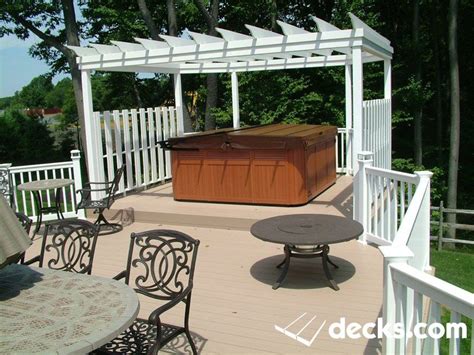 Raised Hot Tub Platform With Privacy Fence And Overhead Pergola Decking Options Hot Tub Deck