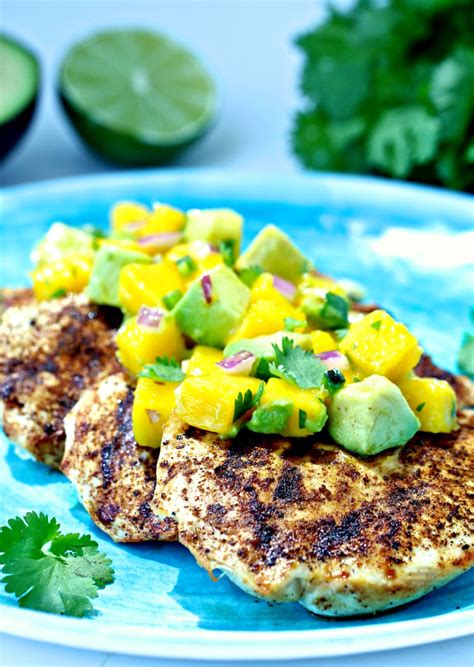 The combination of chili powder, cumin and smoked paprika gives the chicken great flavor as well as color. Grilled Spiced Chicken with Mango Avocado Salsa | The ...