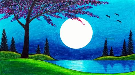 How To Draw Beautiful Moonlight Over The Lake Scenery Oil Pastels