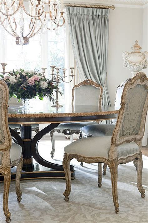 Large chandeliers and candelabras, table runners and beautiful vases, formal dinnerware and elegant window curtains are perfect for formal dinning room decorating. Vintage French country decor, dining room ideas # ...