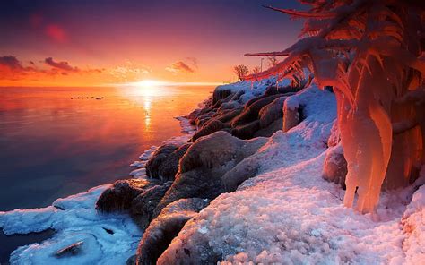 Online Crop Hd Wallpaper Beautiful Winter Sunrise Lake Ice Snow