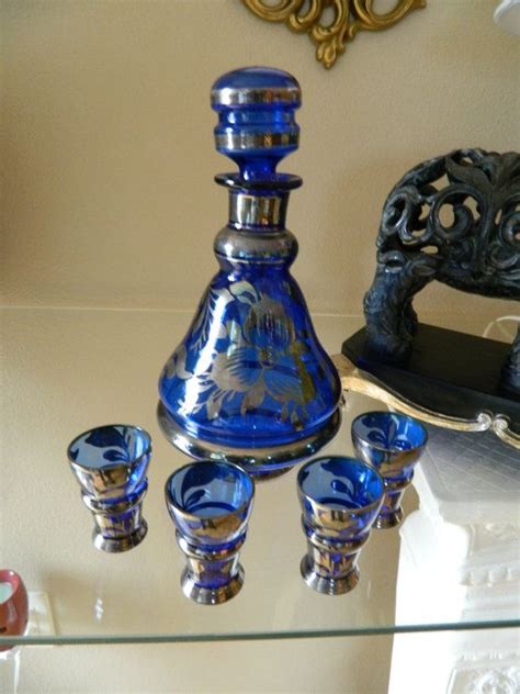 Vintage Cobalt Blue Decanter Set With Four By Varleysvintage 70 00 Decanter Set Blue Glass