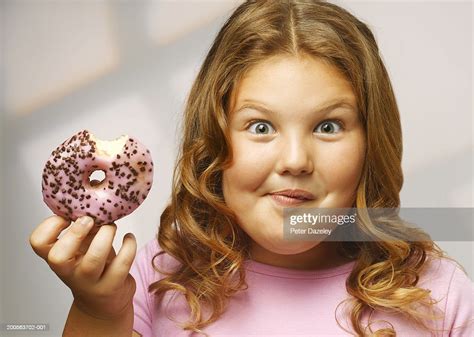Overweight Girl Eating Doughnut Smiling Portrait Closeup High Res Stock