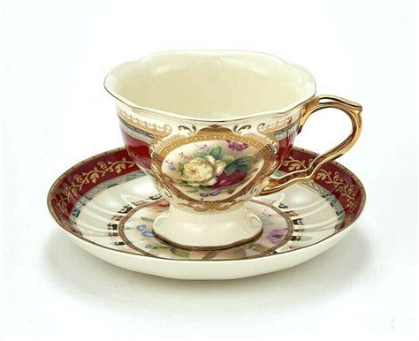 Euro Porcelain 24pc Roses Tea Cup Set Antique Red 24K Gold Vintage