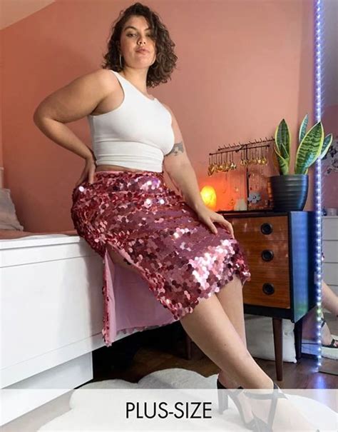 Never Fully Dressed Plus Sequin Midi Skirt In Pink ASOS Sequin Midi