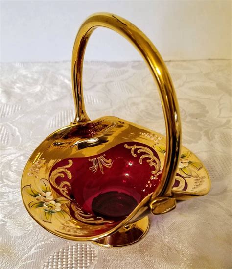 Murano Italian Hand Blown Art Glass Ruby Red Basket With Hand Etsy Hand Painted Flowers Red